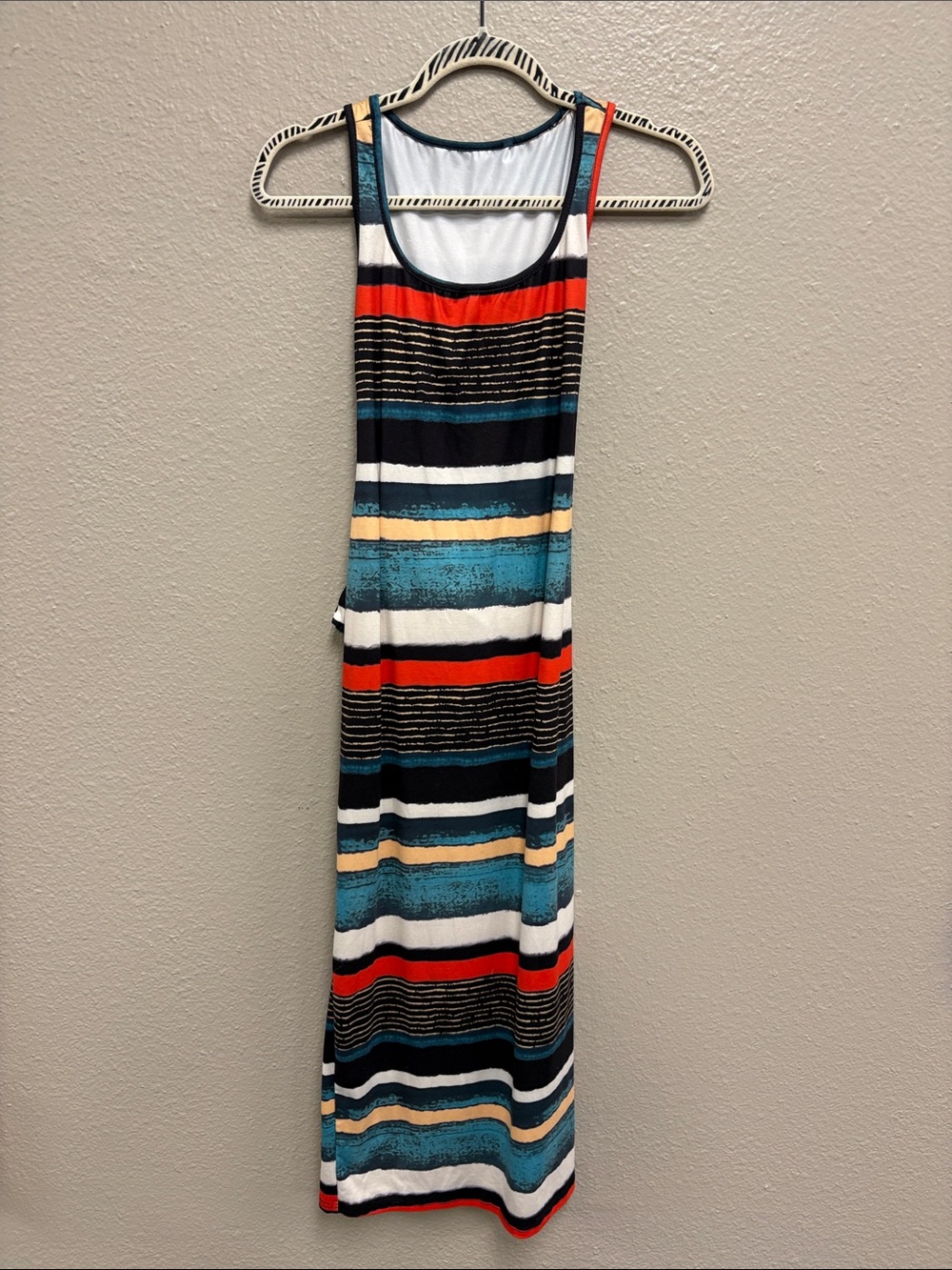 Striped Sleeveless Maxi Dress in Teal, Red, Black & Cream